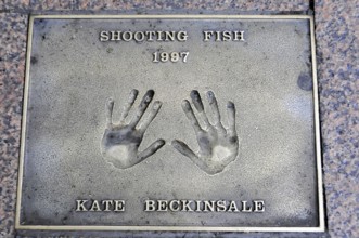 Handprints of Kate Beckinsale on a pavement slab from 1997, London, England, Great Britain