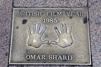 Omar Sharif's handprints for British Film Year 1985 on a metal plate, London, England, Great