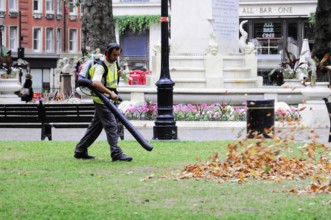 A worker uses a leaf blower to remove leaves in a municipal park, London, England, United Kingdom