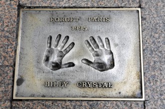 Billy Crystal's handprints for the film Forget Paris on a metal plate, London, England, Great