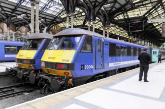 Interior view of Liverpool Street station, London, England, Great Britain, Blue trains on the