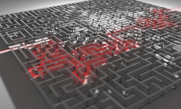 Labyrinth with red illuminated way through