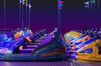 Rowed colorful bumper cars in front of gradient colored back