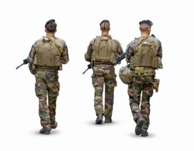 Rear view of a three person military patrol isolated in white back with shadow