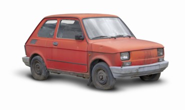 Small rundown red compact car in white back with shadow