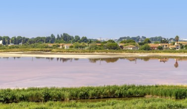 Settlement around a pink salt evaporation pond in the Camargue area in southern France