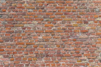 Full frame rundown red brick wall detail