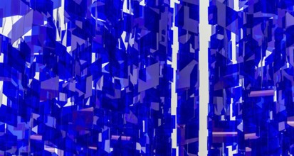 Full frame abstract background showing lots of hanging blue glass sheets