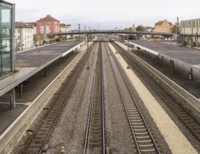 High angle view showing a part of the railway station in Regensburg, a town in Bavaria in Germany