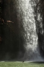 Moroccan young man jumps from the high rock into the water under a waterfall Ouzoud