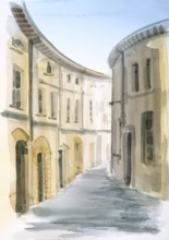 Watercolor painting showing a town in Tuscany at summer time