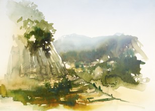 Watercolor painting showing a landscape in Tuscany at summer time