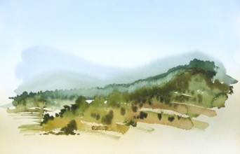 Watercolor painting showing a landscape in Tuscany at summer time
