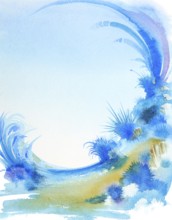 Watercolor painting showing a fantastic landscape detail