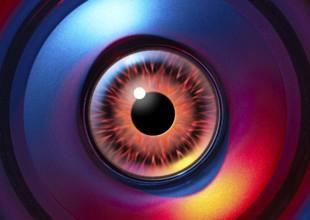 A colorful illuminated open alien eye