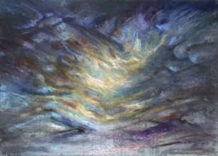 Abstract picture painted by me showing a mountain and valley in pastel colors