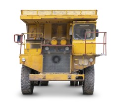 Rundown yellow haul truck isolated in white back with shadow