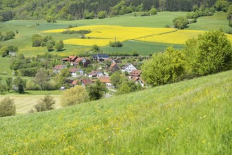 Sunny illuminated idyllic rural springtime scenery in Hohenlohe, a district in Southern Germany