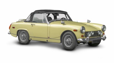 Historic two seater sports car in white back with shadow