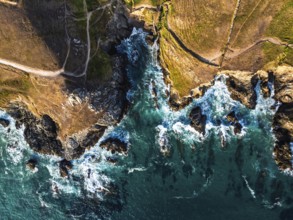 Top Down view over cliffs from a drone, Lizard Peninsula, South West Coast Path, Lizard, Cornwall,