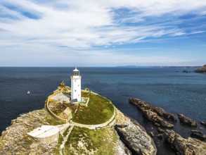 Godrevy Lighthouse from a drone, Godrevy Island, St Ives Bay, Cornwall, England, United Kingdom