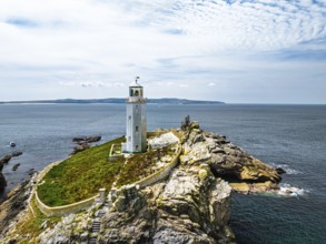 Godrevy Lighthouse from a drone, Godrevy Island, St Ives Bay, Cornwall, England, United Kingdom