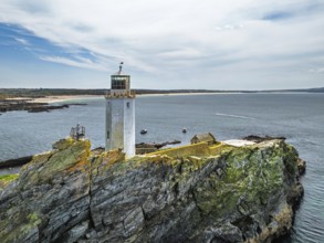 Godrevy Lighthouse from a drone, Godrevy Island, St Ives Bay, Cornwall, England, United Kingdom