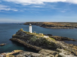 Godrevy Lighthouse from a drone, Godrevy Island, St Ives Bay, Cornwall, England, United Kingdom