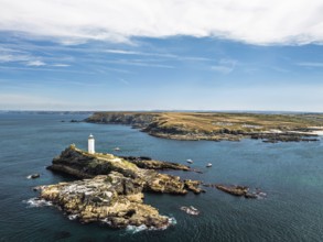 Godrevy Lighthouse from a drone, Godrevy Island, St Ives Bay, Cornwall, England, United Kingdom