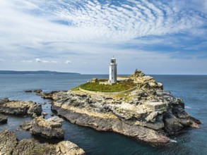 Godrevy Lighthouse from a drone, Godrevy Island, St Ives Bay, Cornwall, England, United Kingdom