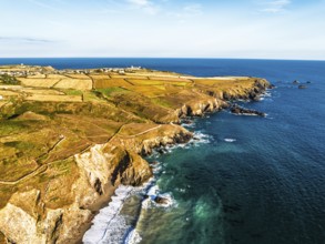 Lizard Peninsula cliffs from a drone, South West Coast Path, Lizard, Cornwall, England, United