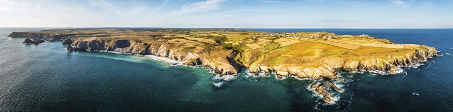 Panorama of Lizard Peninsula cliffs from a drone, South West Coast Path, Lizard, Cornwall, England,