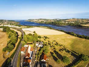 Farms and Fields over River Teign and Teignmouth Road from drone, Newton Abbot, Devon, England,