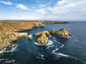Kynance Cove from a drone, Mount's Bay, Lizard Point, Cornwall, England, United Kingdom