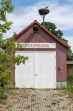 Stork's nest in the village of Gantikow near Kyritz, Brandenburg, Germany