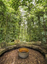 Benches in a cottage garden, esotericism, forest, Sutthausen, Osnabrück, Lower Saxony, Germany