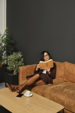 A woman dressed in a formal outfit sits comfortably on a modern couch, engrossed in reading a book.
