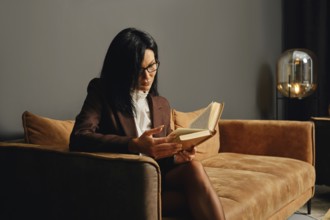 A person with glasses is deeply engrossed in reading a book while seated on a stylish couch in a