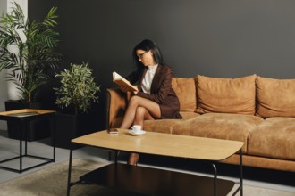 A woman dressed in a smart outfit is enjoying a quiet moment with a book on a cozy couch. The
