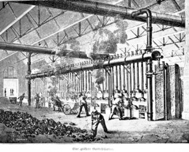 A larger gas distillation, production, stoker, worker, gas distillation, factory, hall, pipes,