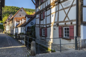 Row of half-timbered houses, Aachgasse, Little Venice, Blaubeuren, Swabian Alb, Baden-Württemberg,