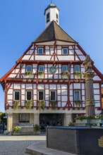 Half-timbered house, town hall, fountain, Blaubeuren, Swabian Alb, Baden-Württemberg, Germany
