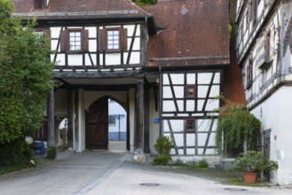 Monastery complex, archway, half-timbered house, Blaubeuren, Swabian Alb, Baden-Württemberg,