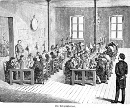 Telegraph room, Morse code writer, work, profession, many men sitting in rows, supervisor,