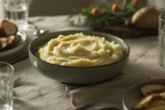 Bowl of creamy mashed potatoes on a dining table ready to serve.. Generative Ai, AI generated