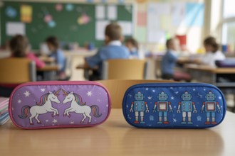 Two children's pencil cases with stereotypical gender colors and themes. Generative AI, AI