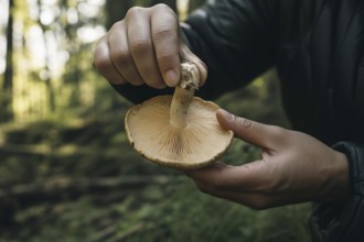 Person's hand holding wild mushroom upside down in forest with gills visible. Symbol of autumn