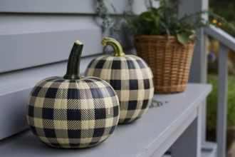 Black and white checkered painted pumpkins displayed in front of house as creative seasonal