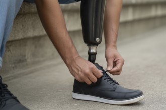 Close up of person tying shoelaces on prosthetic leg showing daily life with disability and