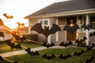 Black paper bat garland decorating house exterior. Bright sunny day Halloween outdoor decoration.